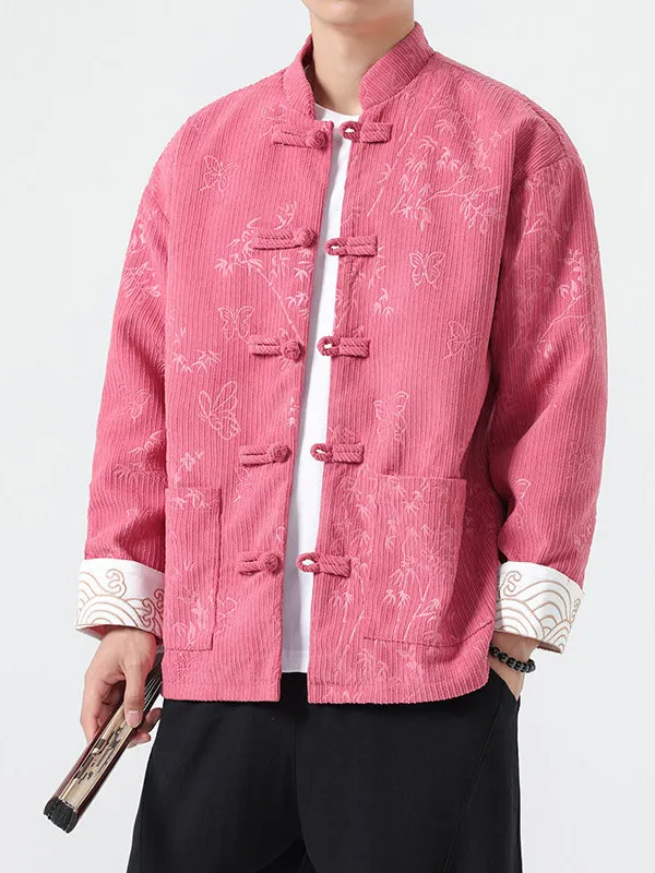 

New Autumn Chinese Style Loose Fit Corduroy Casual Jacket Unisex Red Tang Suit Zhongshan Suit Floral Outerwear Top