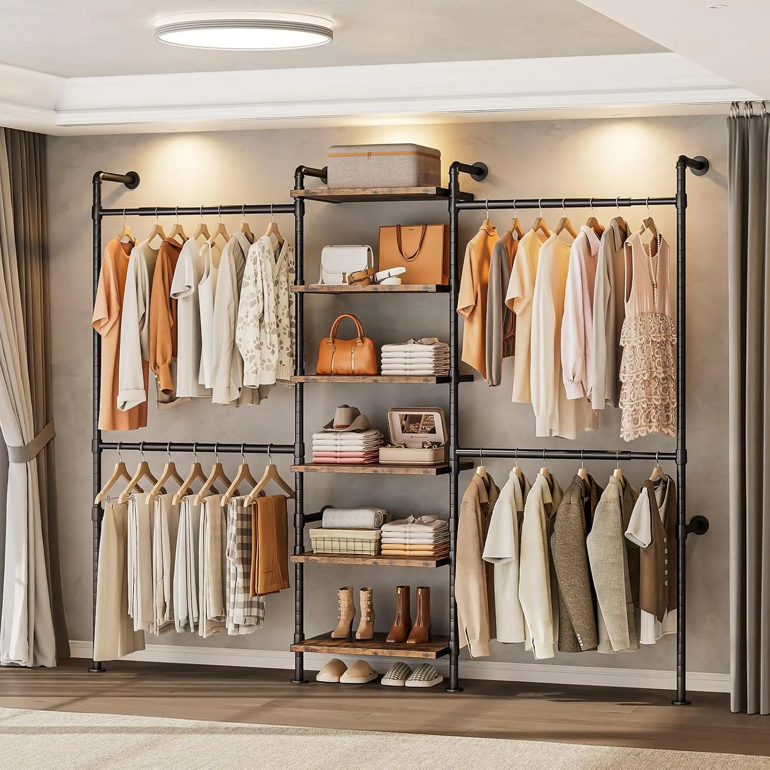 Rustic Brown Wall Mounted Industrial Pipe Closet Organizer System with 6 Wooden Shelves & 4 Telescopic Garment Rods, Heavy Duty Clothing Storage Rack for Wardrobe
