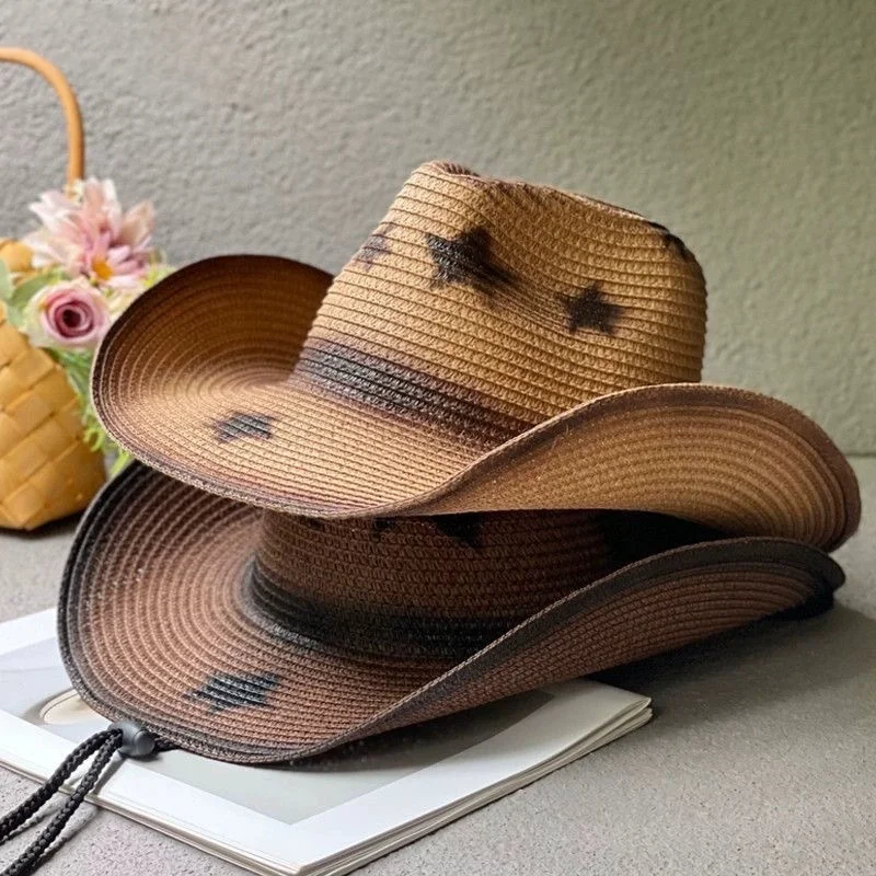 New Ethnic-Style Western Cowboy Hat with Five-Pointed Star: Summer Sun Hat, Straw Hat, Beach & Travel, Retro Top Hat