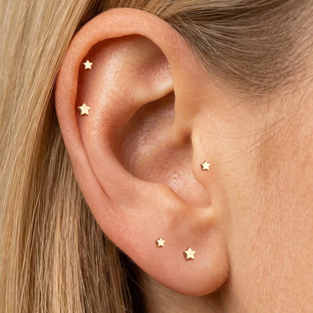 AIDE 14K Solid Gold Glossy Five-pointed Star 18G Flat Back Piercing Earrings For Women Internal Thread Hypoallergenic Earrings