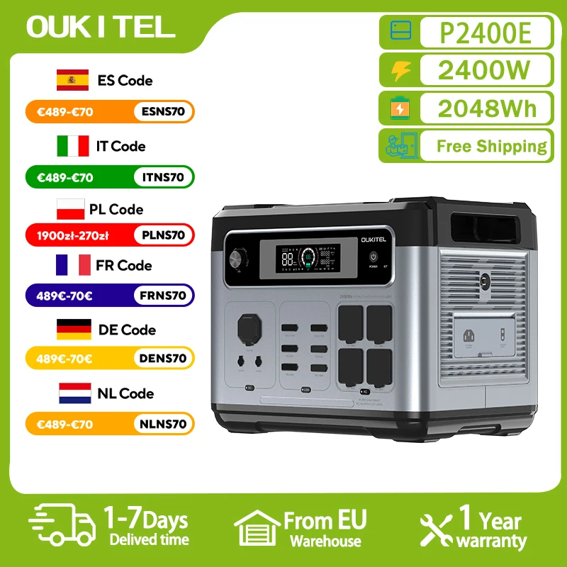 Oukitel P2400E Portable Power Station 2048Wh LiFePO4, Solar Generator with 2400W 4 X AC Output (4800W Pic) 220V, Quick Charge in 1 Hour (0-80%), Power Station for Camping, Travels in Motorhomes