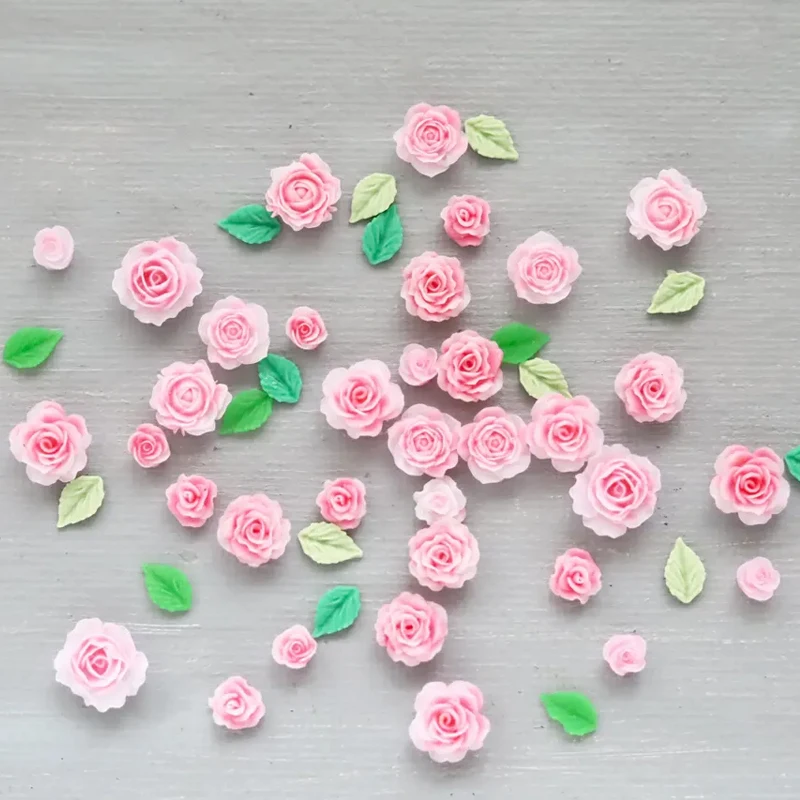 25/50pcs Tiny Rose Flower and Leaf Miniatures, Flatback Cabochons for Craft Making, Micro Landscape DIY Decoration Accessory