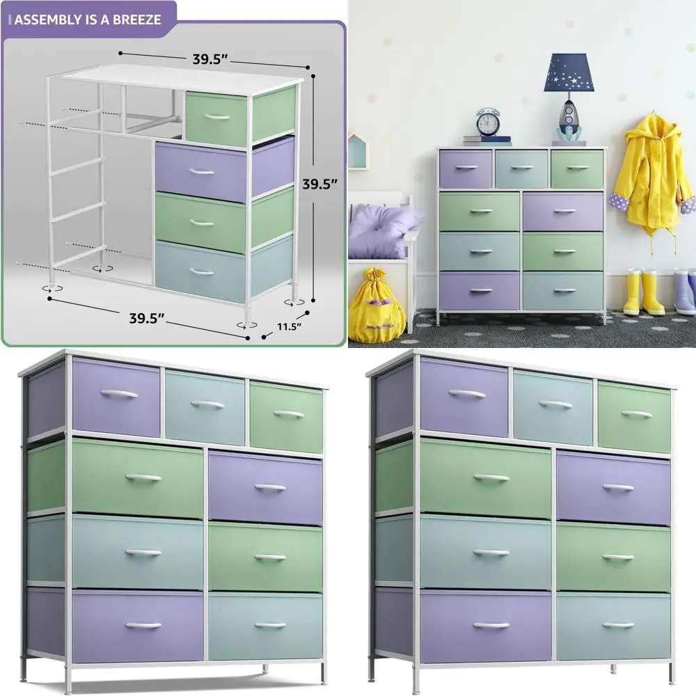 9-Drawer Storage Chest with Wooden Top and Fabric Bins, Ideal for Kids' Rooms, Hallways, Closets, and Office Organization