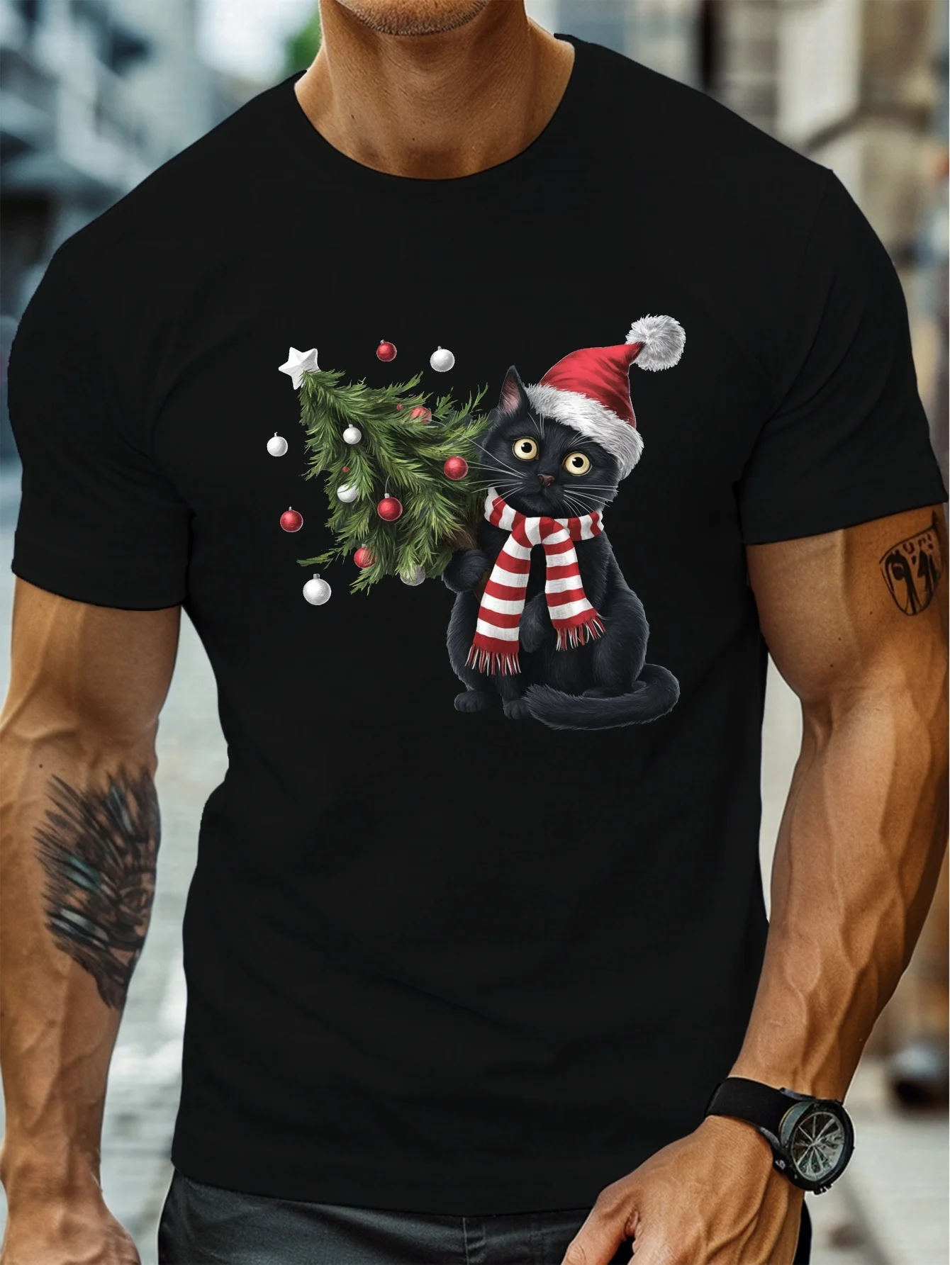 Men's casual round-neck T-shirt, a light and comfortable summer T-shirt with black cat and Christmas tree prints