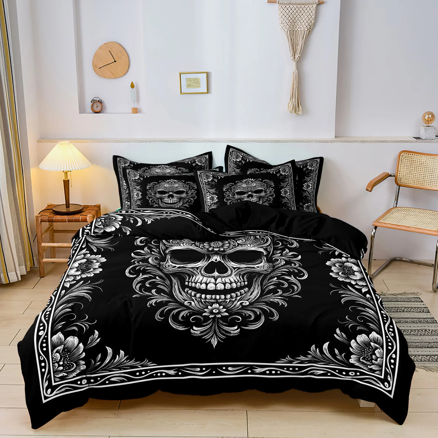 3 Pieces Vintage Ornate Gothic Skull Print Duvet Cover Set, White Scroll Flower Skeleton Dark Art Pattern Bedding
