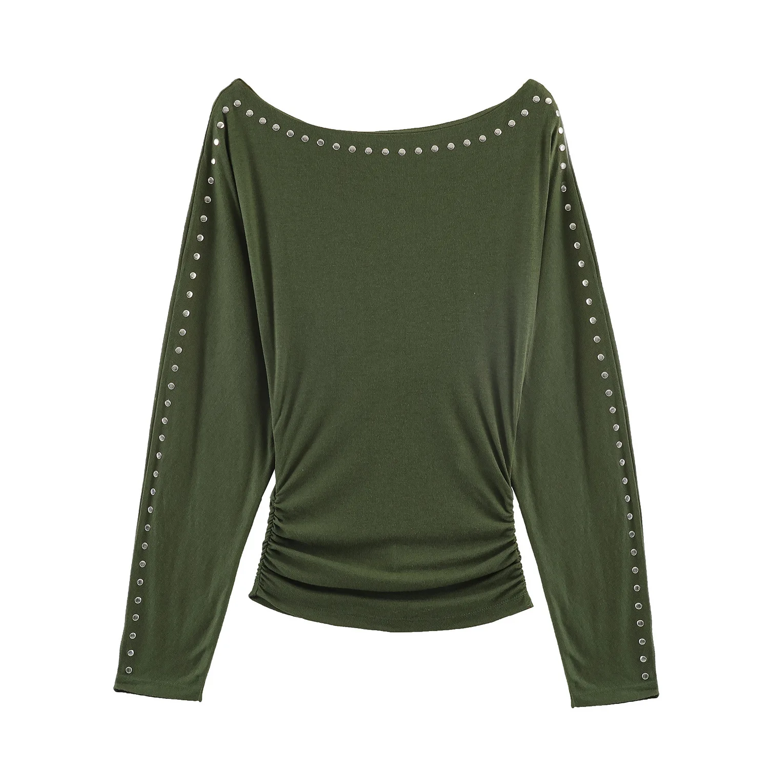 Spring New One-word Collar Off-shoulder Diagonal Collar Rivet Long-sleeved T-shirt