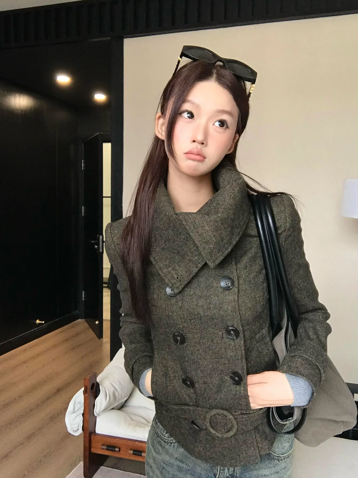 

ort Woolen Coat Women's Double-Breasted Belted Lapel Overcoat Versatile Sles Commute Friendly Regular Thin