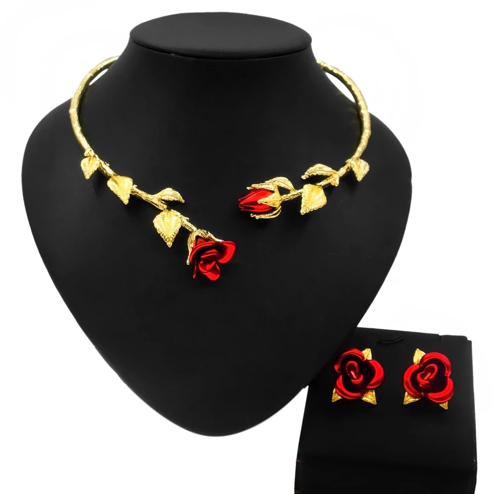 Imagem -05 - Gold Jewelry Conjunto para Mulheres Forma de Flor Vermelha Colar Brincos Fashion Trend Smart Popular Dubai Pcs 18k