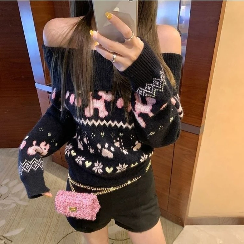 

Deeptown Black Sweet Vintage Off Shoulder Women Sweater Embroidery Long Sleeve Korean Fashion Slim Knit Pullovers Casual Winter