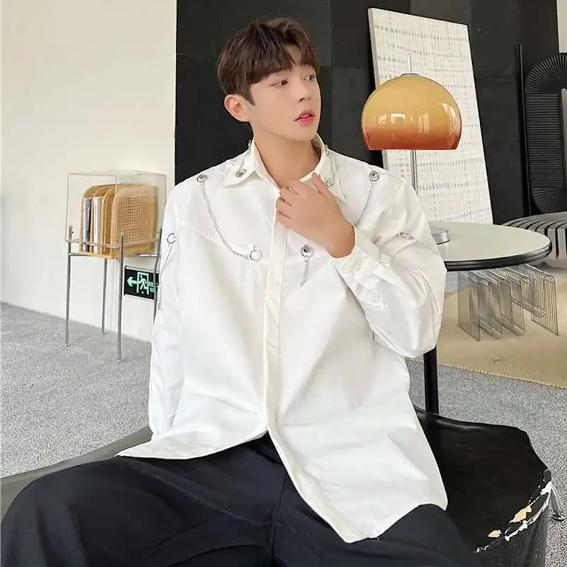 LUZHEN Long 2026 Chain Decorate New Sleeve Original Metal Shirts Men's Stylish Solid Color Korean Handsome Casual Tops JY8275