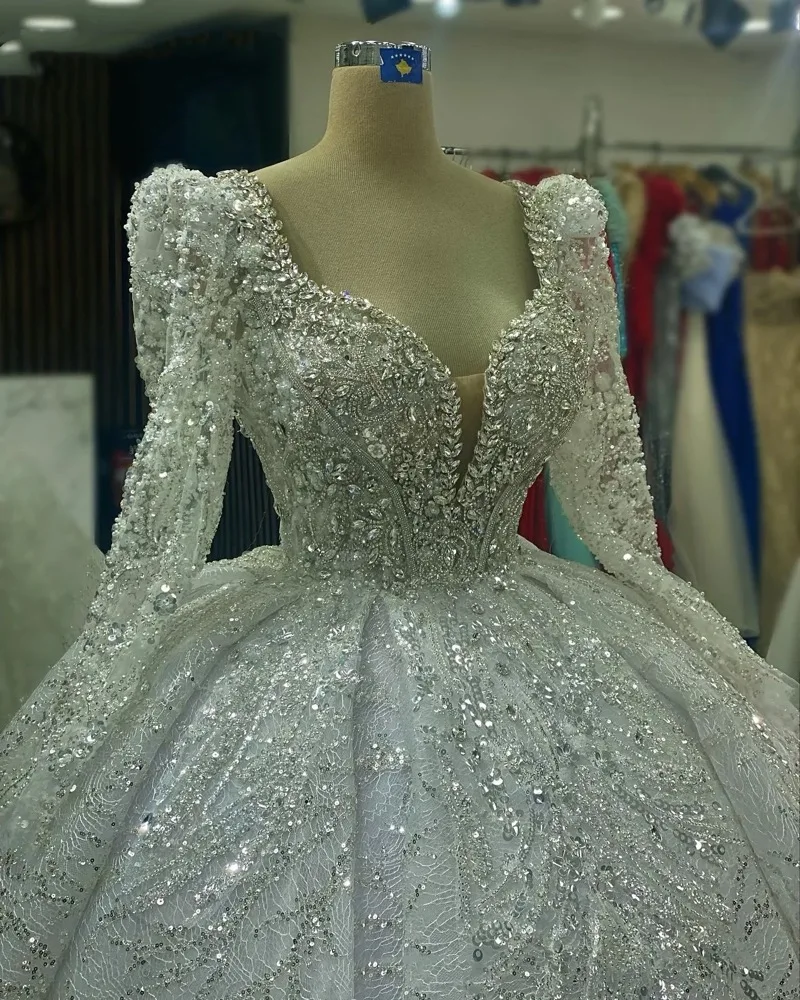 Customized Luxury Lace Beaded Crystals Wedding Dresses Long Sleeve Muslim Bridal Dresses Robes Ball Gown Vestidos de novia