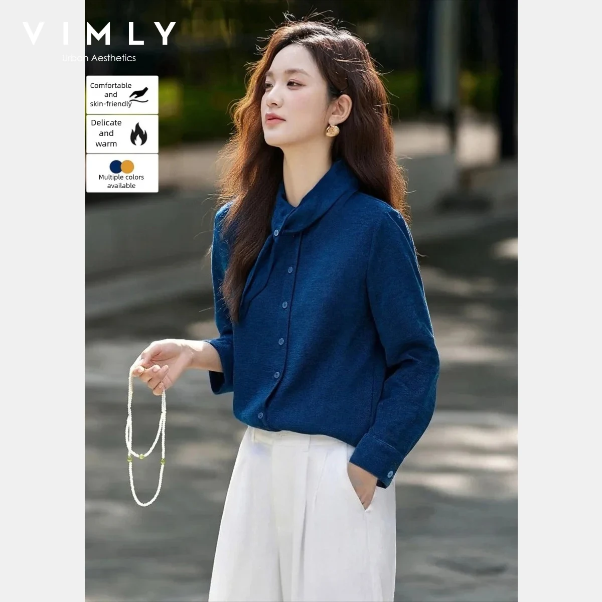 

VIMLY Elegant Shirt Women French Solid Cuff Buckle Scarf Tie Neck Blouse Winter 2025 Fitted Long Sleeve Female Clothing A3601