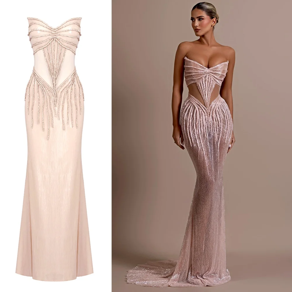 Glamorous Pink Beaded Mermaid Gown with Sweetheart Neckline and Cutout Details – Formal Evening Party Dress for Women