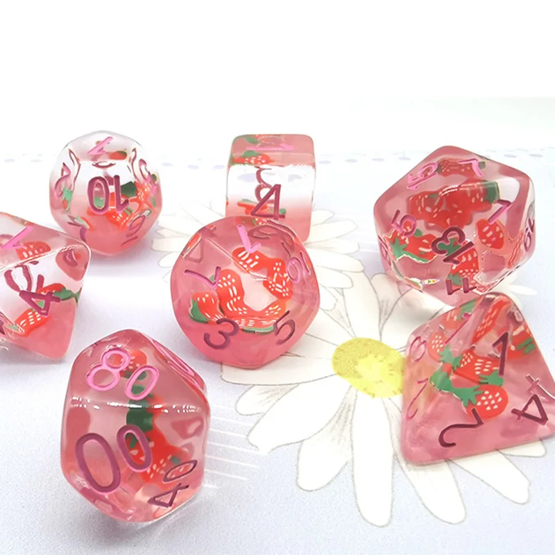 7Pcs/Set DND Dice Transparent Resin Sweet Strawberry Cute Steppe Lion Polyhedral Dice For Role-Playing Table Card RPG Board Game