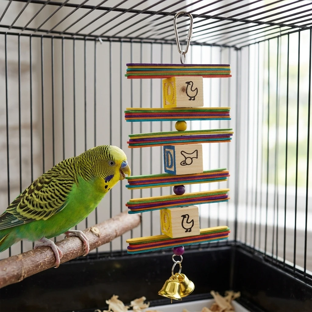 Parrot Foraging Toy Colorful Letter Petals String Hardwood Chewing Block Interactive Beak Grinding Toy For Parakeets Cockatiels