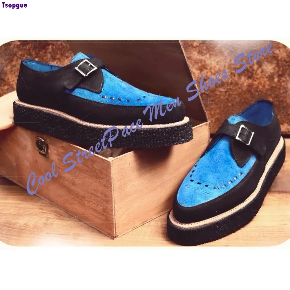 Men Punk Black Blue Platform Men Dress Shoes Suede Patchwork Buckle Strap Gothic Streetwear Footwear 2026 Runway Style New