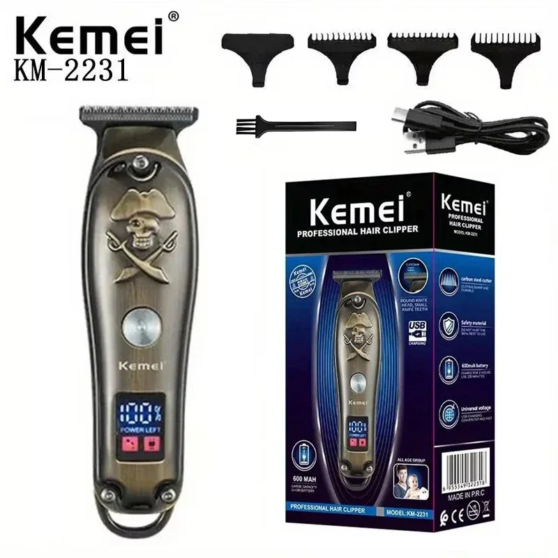 

Kemei KM-2231 Metal Relief Pirate Imitation Wood Grain Oil Head Carving Electric Scissor LCD Digital Hair Clipper