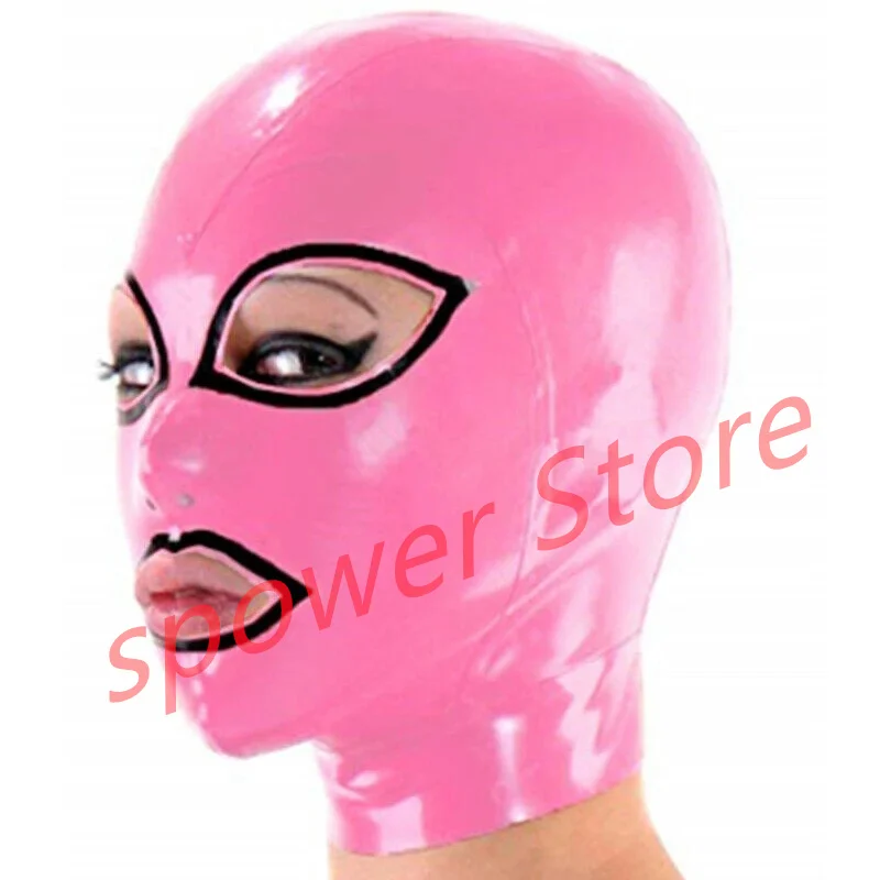 

Natural Latex Full Head Latex Hoods Rubber Mask Fetish Cosplay Costumes Pink with Black Trim Back Zip Club Wear