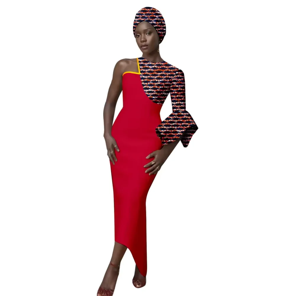 

African Plus Size Breathable Regular Fit Ruffled Sleeve Dresses for Women with Headwrap for Birthday Party Evening Wedding