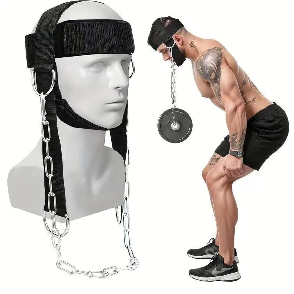 Arnês Profissional para Cabeça e Pescoço com Cadeia de Aço |   Cinto Premium para Fortalecimento do Pescoço para Boxe, MMA e Luta Livre |   Cabeça Ajustável