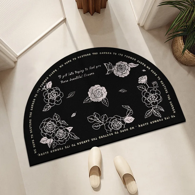 VIKAMA Boho Bath Mat Victorian Floral Line Drawing Half Round Anti Slip Shower Rug Chic Bathroom Floor Mat Home Decor