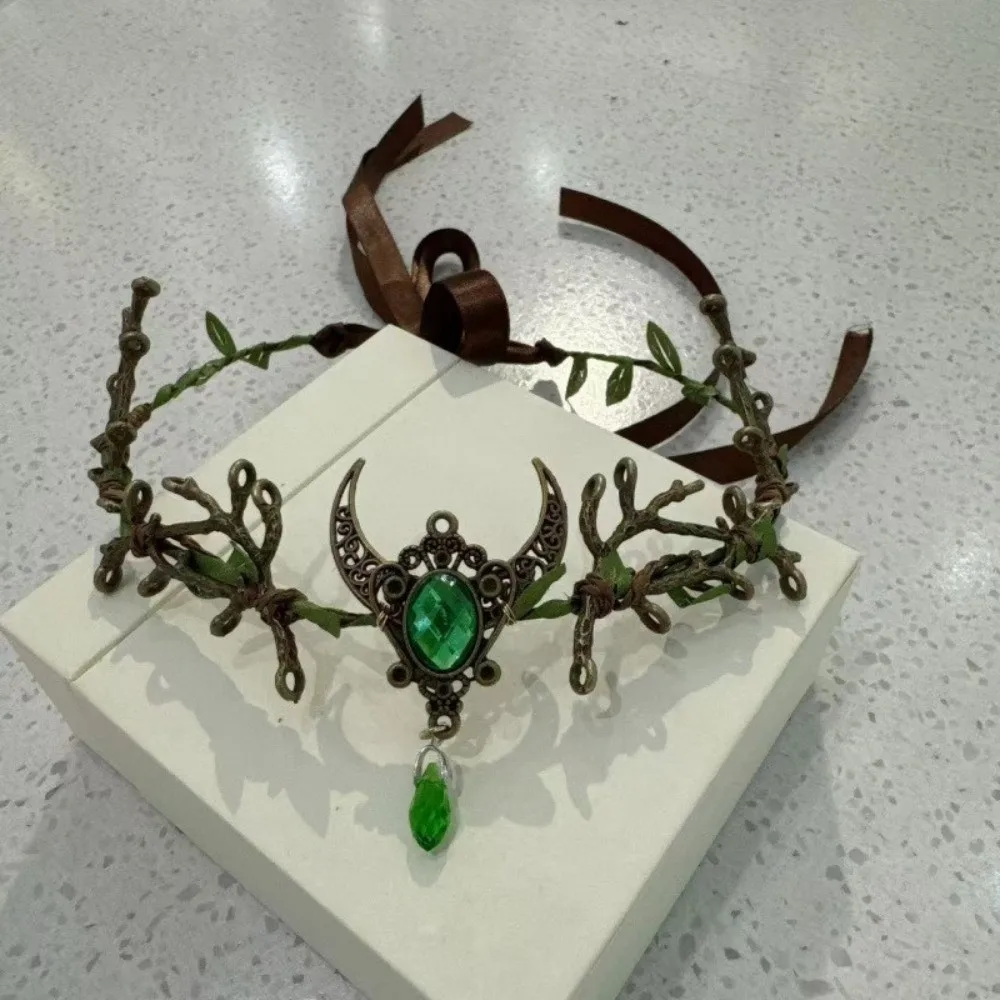 Moon Flower Elven Crown Green Gemstone Renaissance Bridal Forehead Chain Vintage Gemstone Branch Leaf Headpiece Cosplay Events