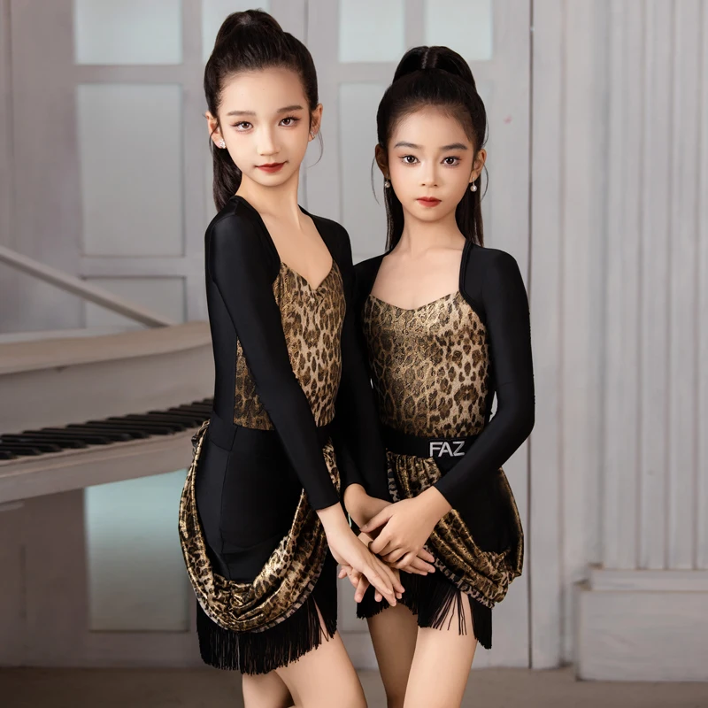 Crianças leopardo dança latina franjas vestido meninas vestidos de desempenho de dança de salão crianças traje de competição de dança latina sl14329