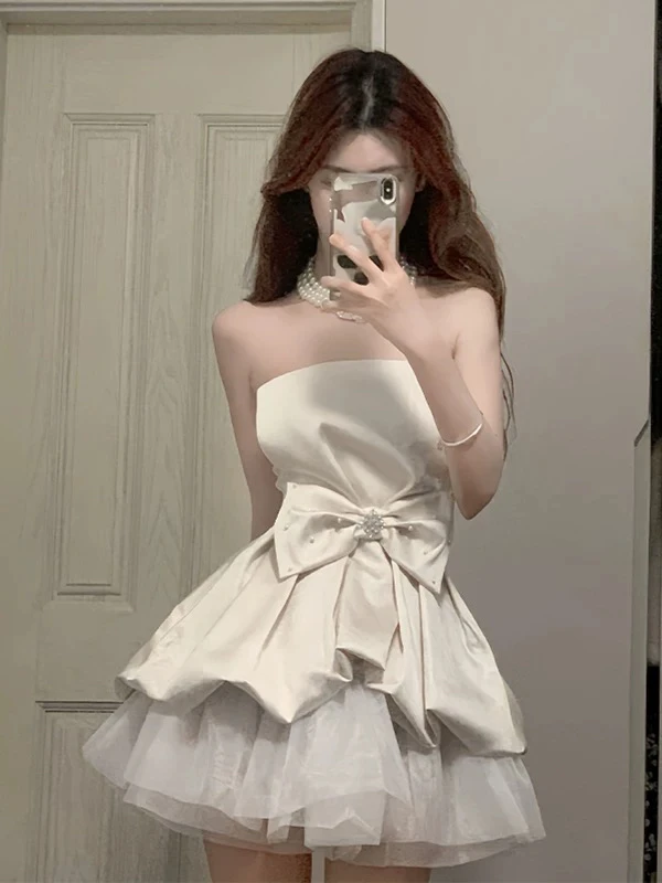 

Retro Knot Tube Top ort Skirt Set Ele Ladylike Puffy Skirt Ensemble Summer 2025 Faion Ladies Suit