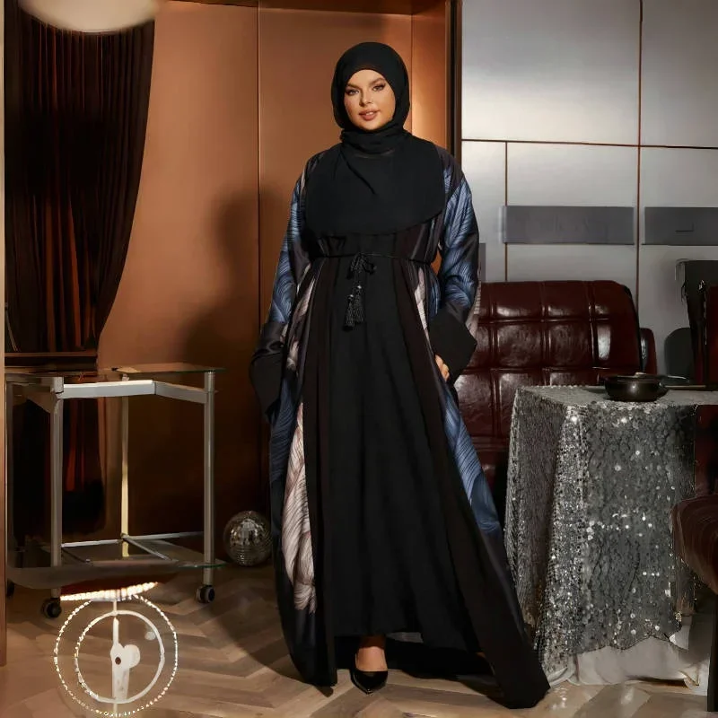 Con Hijab abiti musulmani per le donne 2024 estate musulmana manica lunga aperta Abaya Dubai caftano Cardigan musulmano abiti Abaya