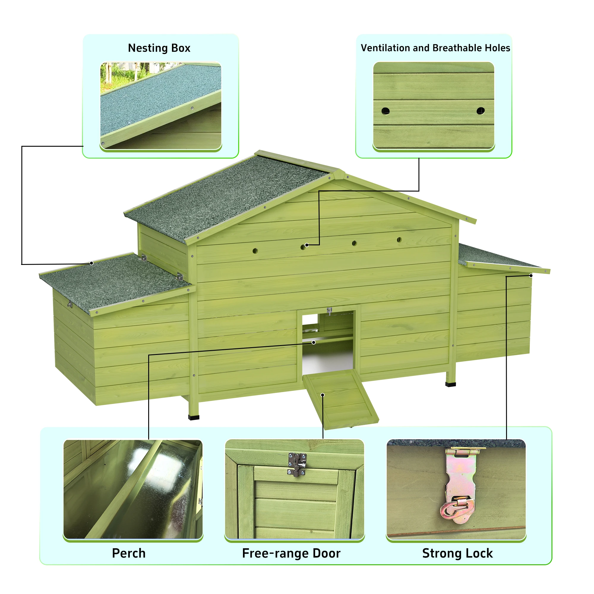Large wooden chicken coop with 2 stocking doors, 2 egg-laying boxes and perches - outdoor chicken coop poultry cage