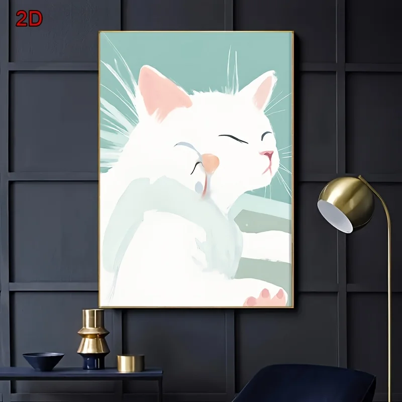 طباعة مسطحة ثنائية الأبعاد، طباعة فنية عتيقة بدون إطار من قطة كسولة - قطة بيضاء مريحة مع آذان وأنف وردية، تعبير مريح، مثالي للسرير #4