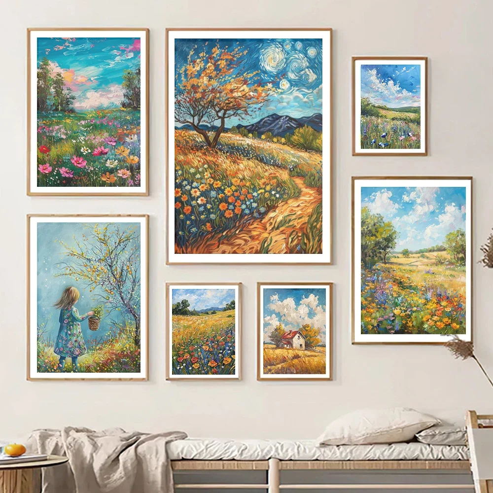 1PC frameless decorative art print,European Rural Scenery Aesthetic Art Posters Prints Abstract Field Flowers Landscape Canvas P