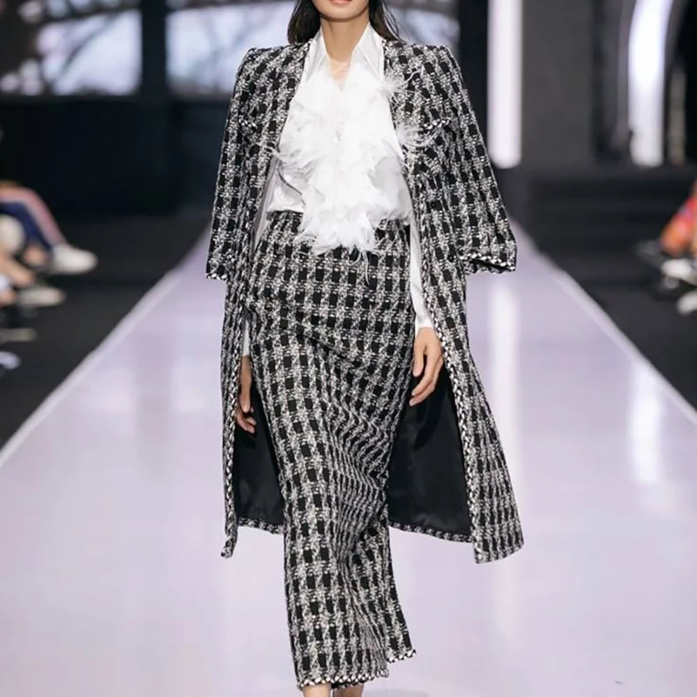 Classic Checkered Tweed Women's Suit Set 2 Piece Long Blazer and Straight Skirt Single Breasted Casual Business Office Outfit