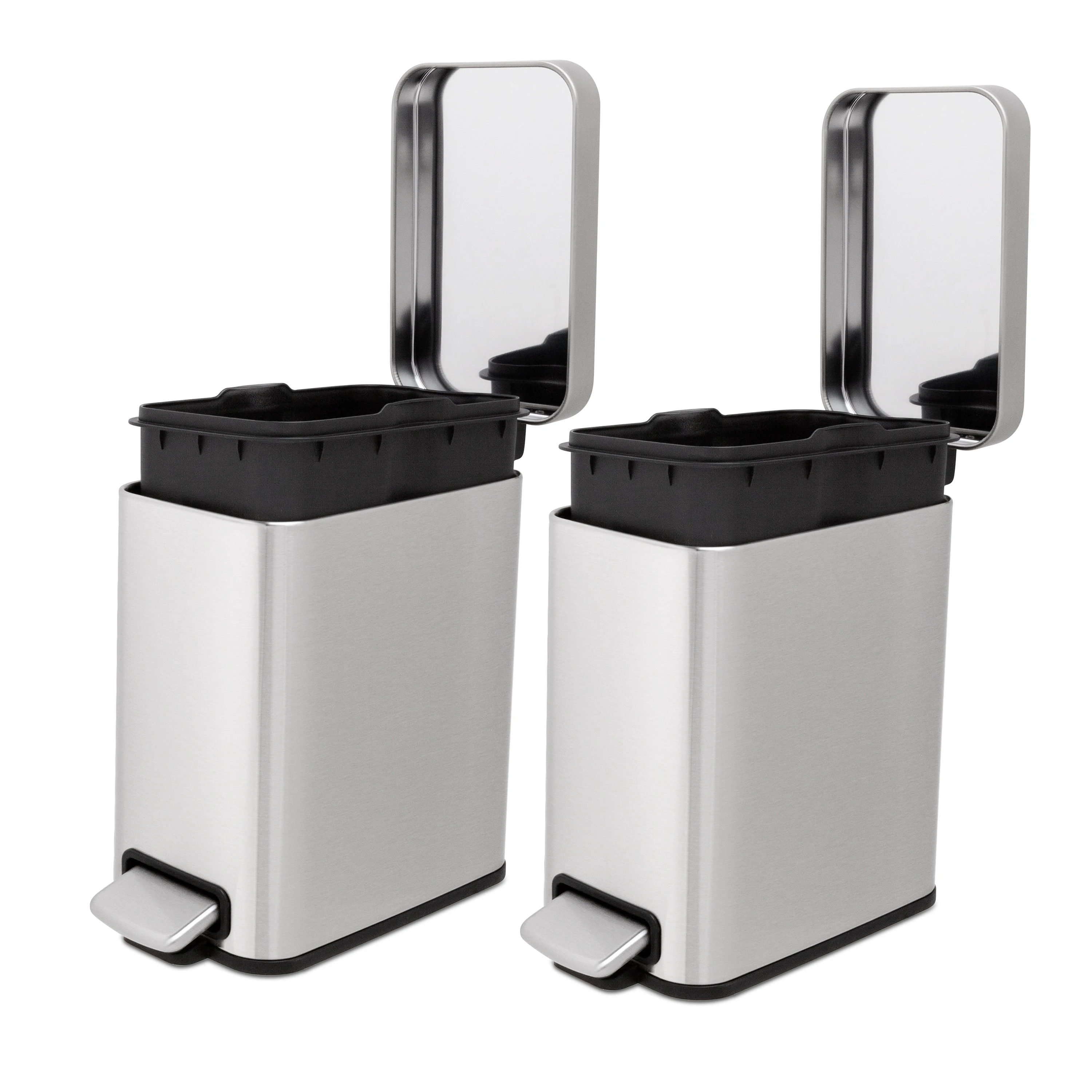 

1.3 Gallon (5L) Stainless Steel Slim Step-On Trash Can 'Twin Pack', Soft-Close Lid, Small Bathroom Garbage Bin Set, Silver