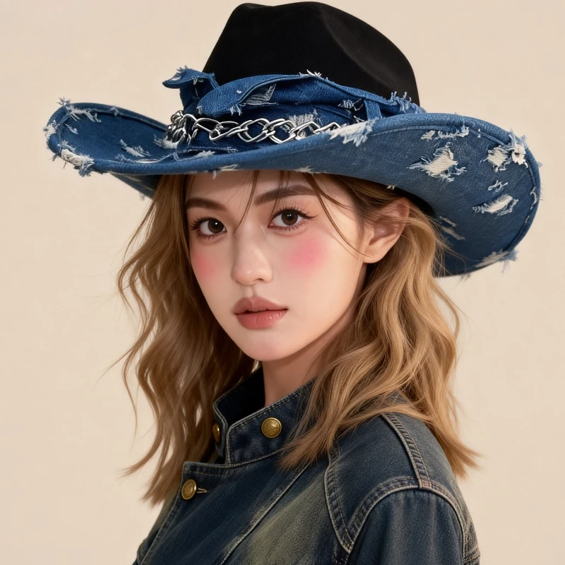 Vintage Western Cowboyhut für Damen und Herren, gewaschener Denim-Cowgirl-Jazzhut, geeignet für den täglichen Freizeitgebrauch, Western-Party, Bar, Cowboykappe – Detail 3
