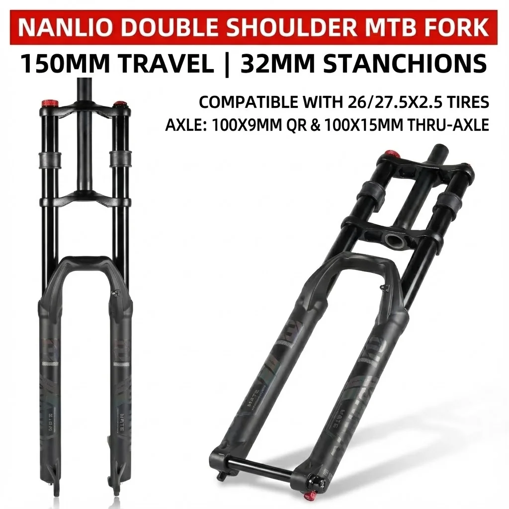 

NanLio Dual Crown MTB Air Fork 27.5/29 Inch (2.5" Tire) - 150mm Travel, Rebound Adjust, 32mm 15/9x100mm for E-Bike & Downhill