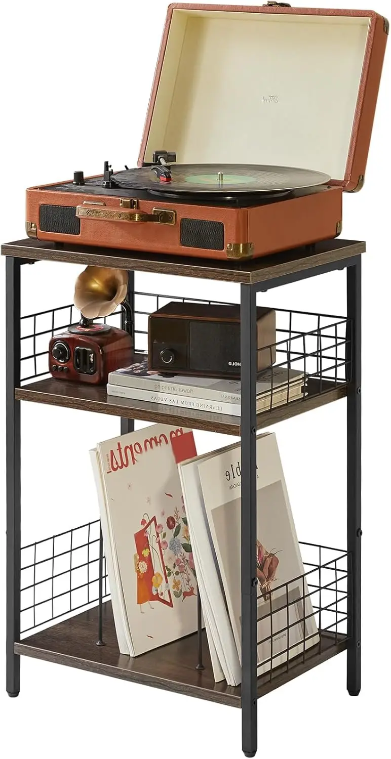 YMYNY Table de Chevet, Bout de canapé, Meuble Tourne Disque Vinyle, Table d’Appoint 3 Niveaux Rangement