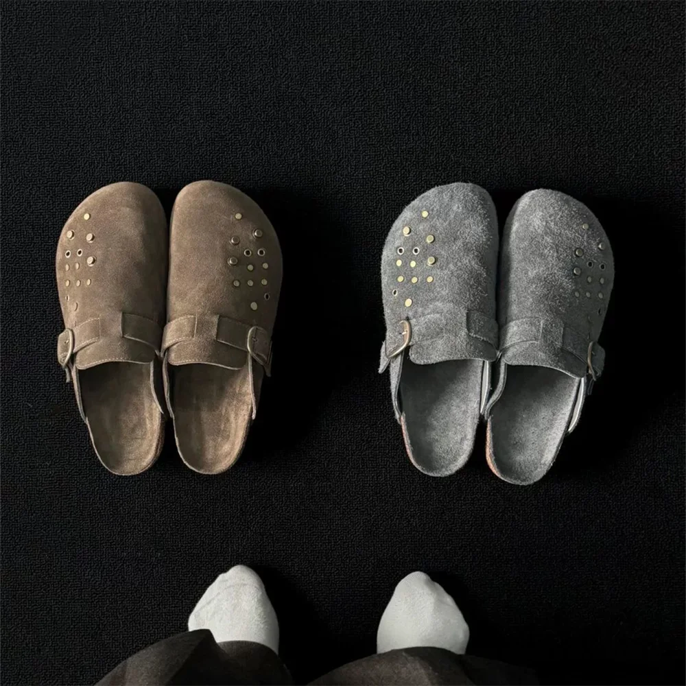 Rivet Metal Cow Suede Anti Velvet Lazy Shoes Men Summer New Round Toe Slip On Trendy Height Increasing Slipper Luxury Mules