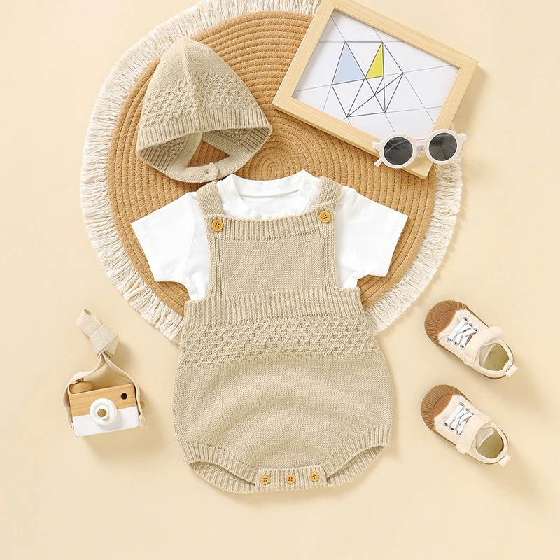 Baby Bodysuit Hat 2PCS Knit Infant Girls Newborn Boys Jumpsuit Fashion Solid Child Clothes Overalls Sleeveless 0-18M Tops Summer