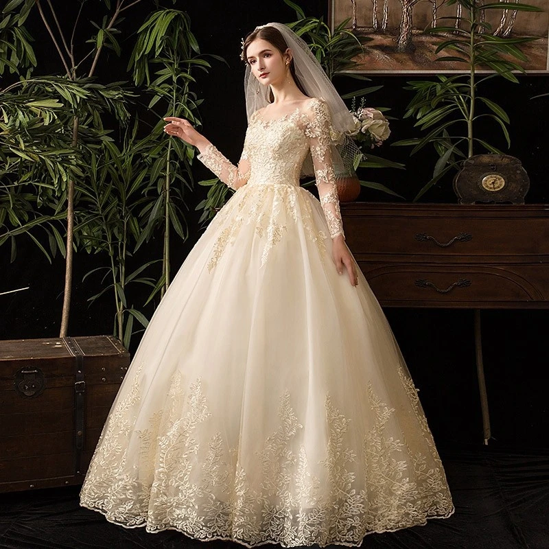 Customized Appliques Tulle Ball Gown Illusion Full Sleeves O-Neck Wedding Dresses For Woman 2024 Bridal Gowns vestidos de novia