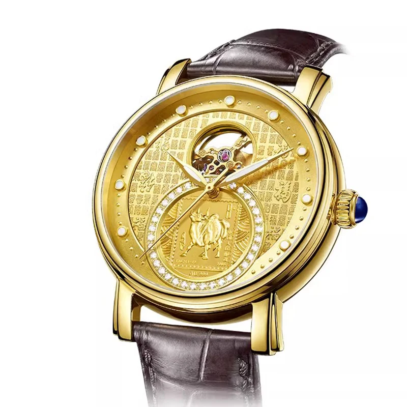 BROJET China Post Zodiac Stamp Dragon Year Men's Gold Watch Chinese Emperor Calligraphy Hundred Blessings Sapphire Machinery