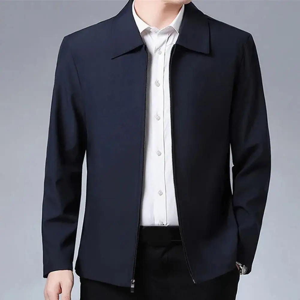 Men Jacket Lapel Solid Color Mid-aged Elderly Men Long Sleeve Zipper Closure Straight Formal Business Casual Soft Spring Fall Da