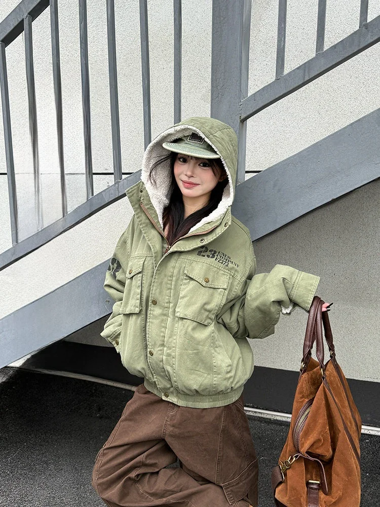 

Thiened Lamb Velvet Workwear Jaet Hooded Cotton Padded Coat Men's Winter Warm Coat Casual Streetwear Printed ket