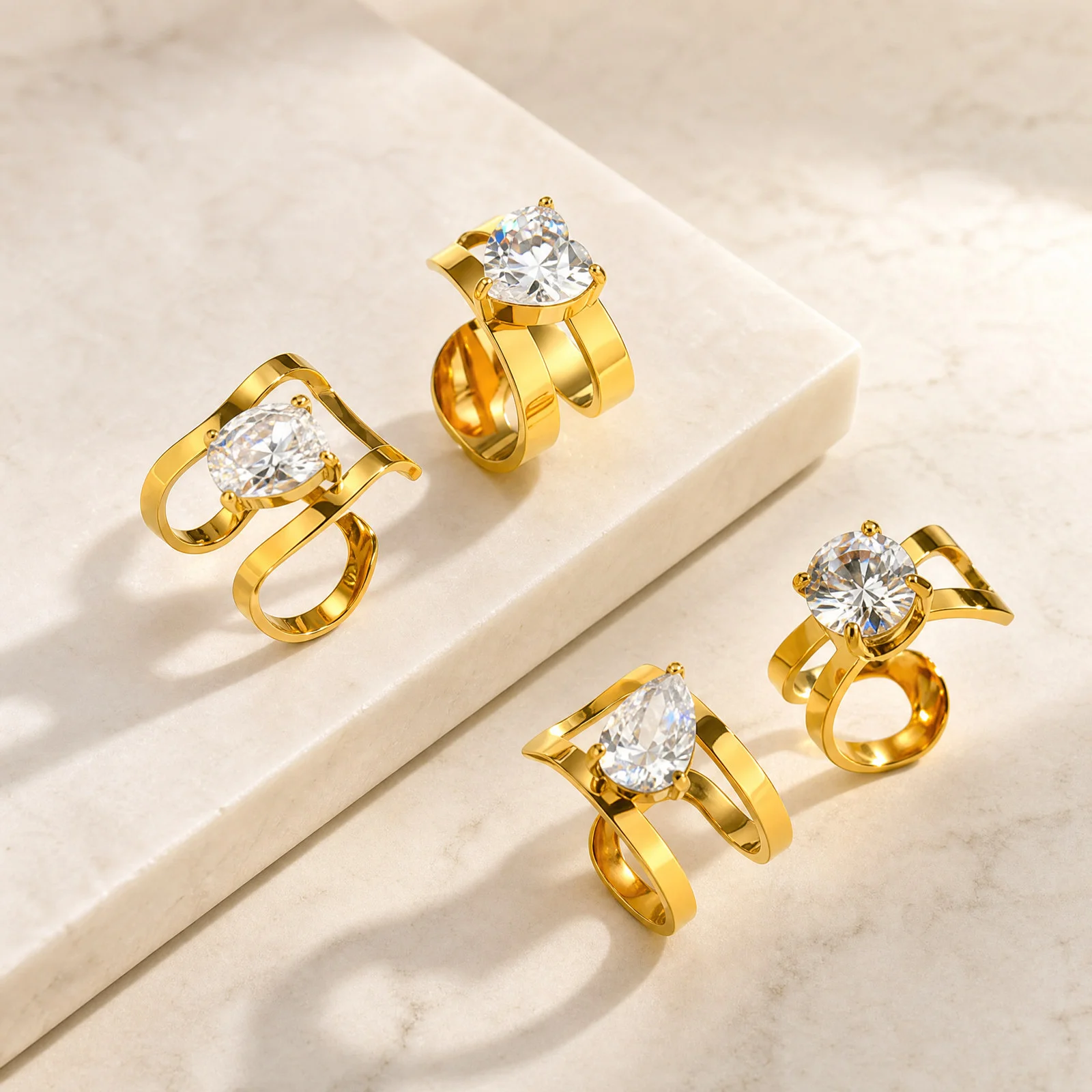 Ear Cuffs for Women Non Piercing, Stainless Steel Gold Color Cubic Zirconia Double Layer Clip On, Abstract Jewelry Gift