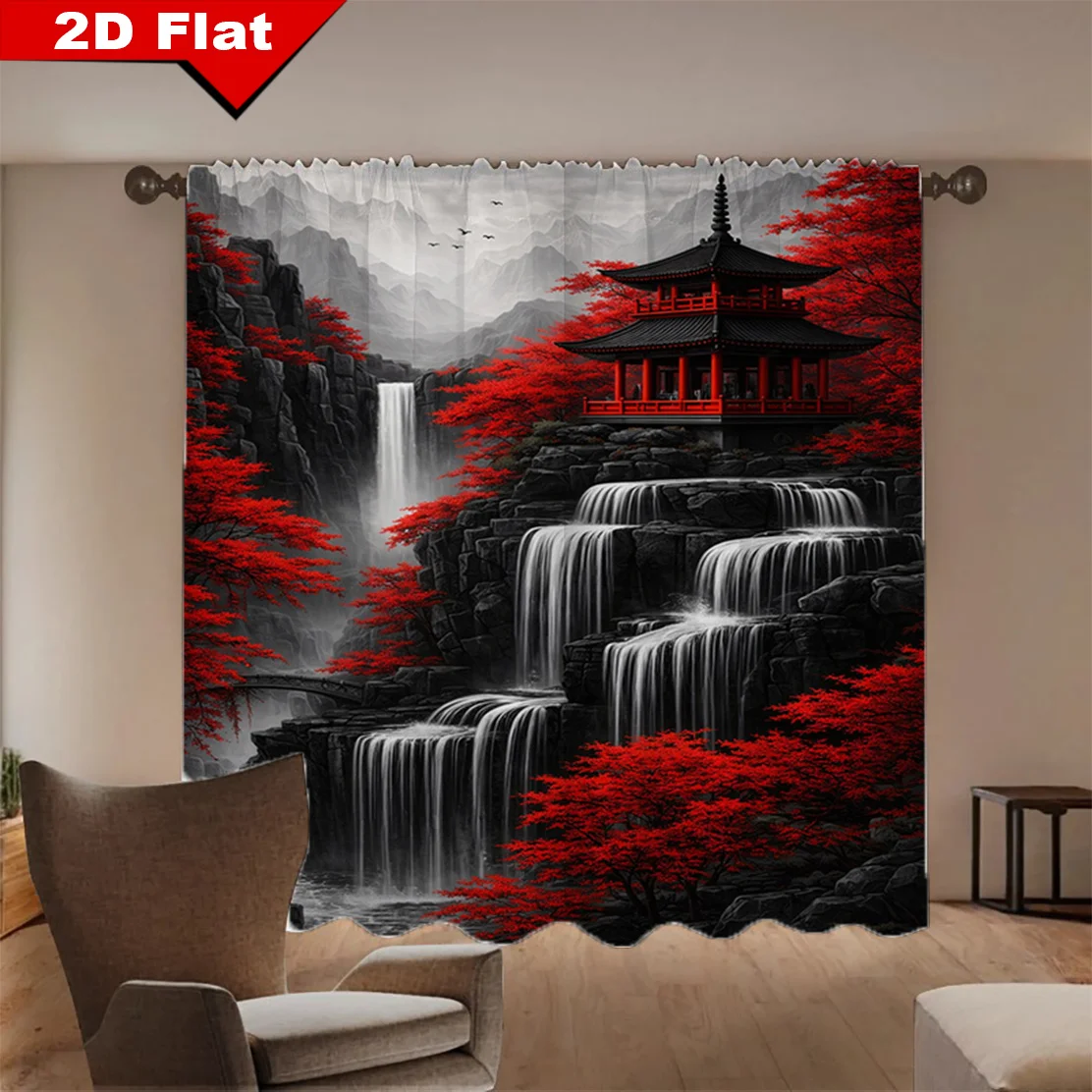 2D Flat - 2pcs Japanese Waterfall Curtains Red Maple Pagoda Print Blackout Drape Living Room Bedroom Window Treatment Home Decor