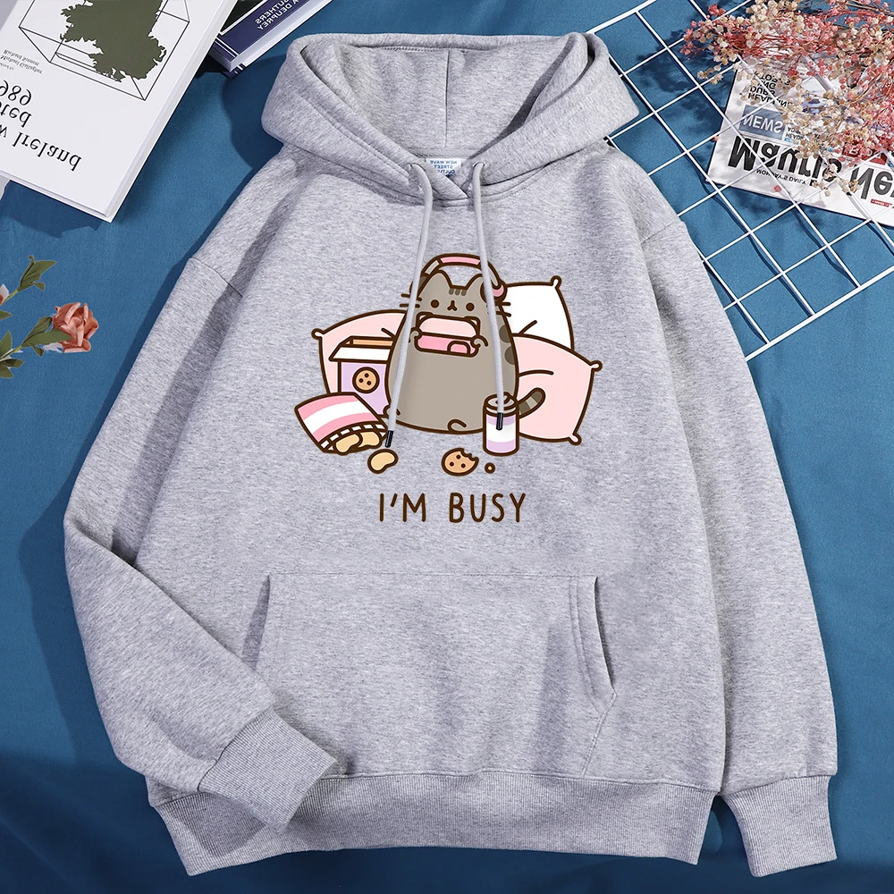 Sorry I'M Busy Cat Playing Games With Headphones Hoody Men Women Fashion Oversize Hoodies Cute Pullovers Crewneck Fleece Hoody