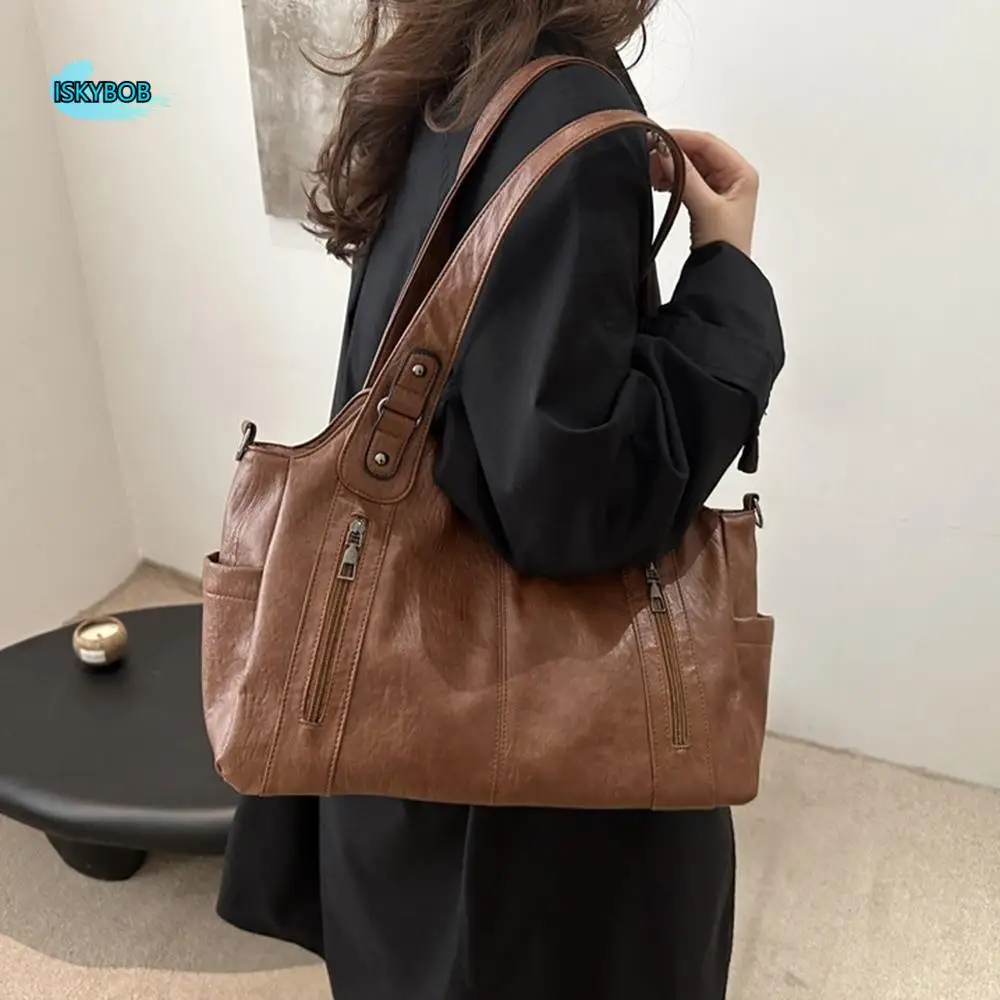 

Cool Retro PU Shoulder Bag Locomotive Style Soft Commuting Handbag Waterproof Solid Color Underarm Tote Bag Travel