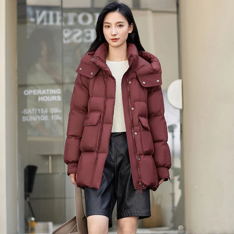 Chaqueta con capucha y cuello levantado en la sección larga para mujer, chaqueta cálida gruesa de plumón de pato blanco, nueva moda de invierno