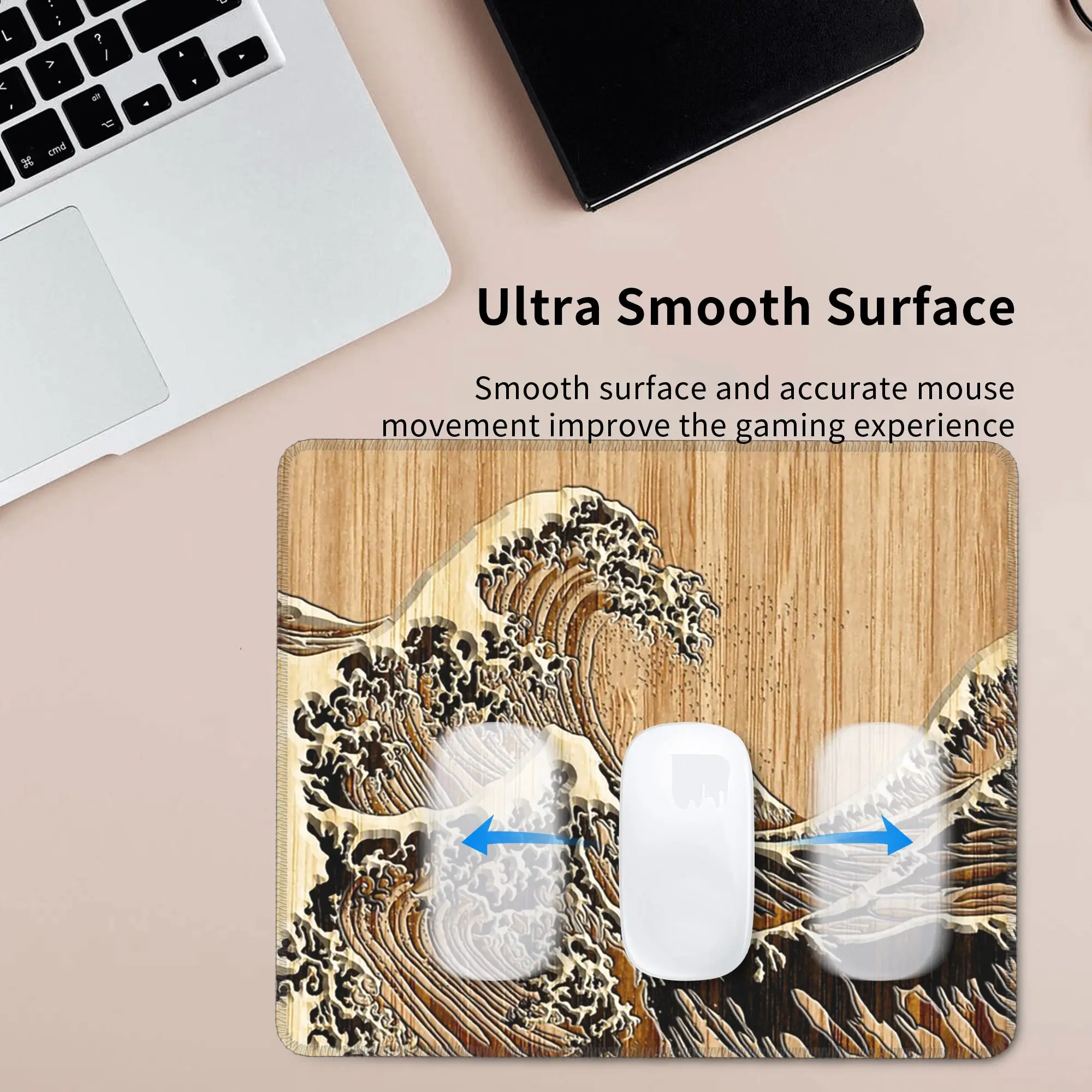The Great Hokusai Wave in Bamboo Inlay Style Mouse Pad Computer Keyboard Mouse Mat Gamer PC Laptop Desk Mat Office Table Mats