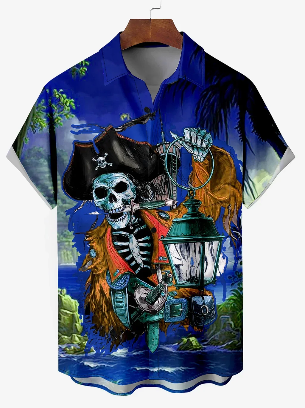 Unisex Hawaiian Skull Pirate Captain Stormy Voyage Cartoon Print Short-Sleeve Shirt Summer Loose Beach Shirt